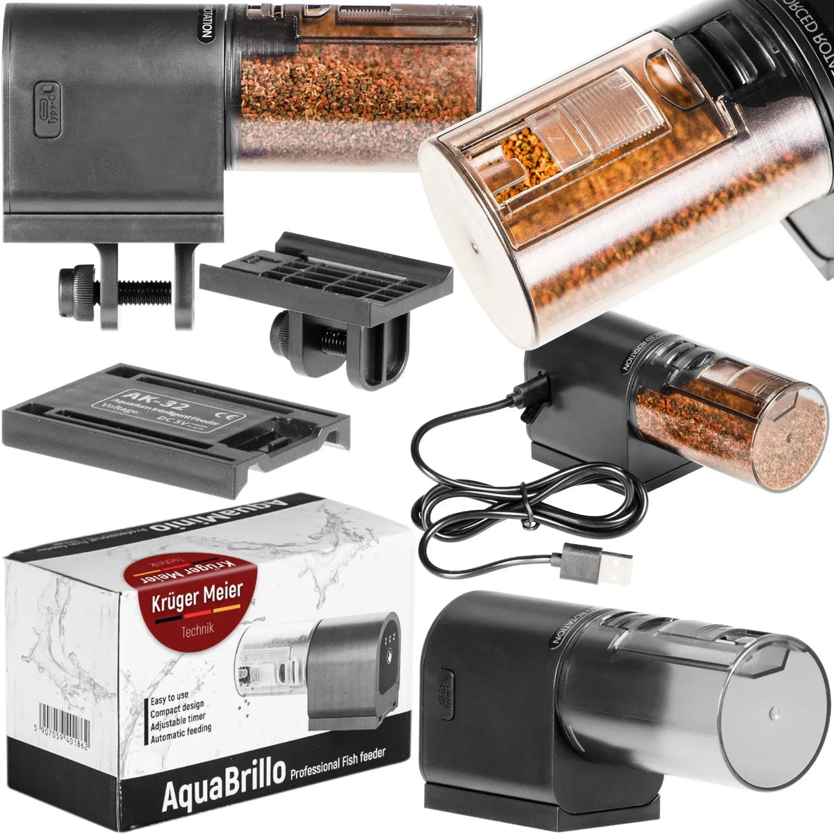 Kruger Meier AquaBrillo 90 automatinė akvariumo šėryklėlė, 90 ml, akumuliatorinė, 3 maitinimo režimai, 2 montavimo būdai