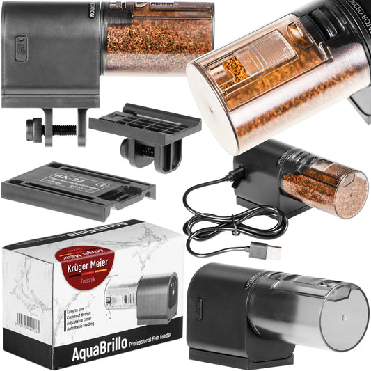 Kruger Meier AquaBrillo 90 automatinė akvariumo šėryklėlė, 90 ml, akumuliatorinė, 3 maitinimo režimai, 2 montavimo būdai