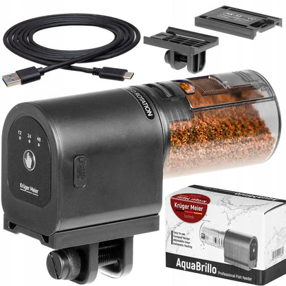 Kruger Meier AquaBrillo 90 automatinė akvariumo šėryklėlė, 90 ml, akumuliatorinė, 3 maitinimo režimai, 2 montavimo būdai