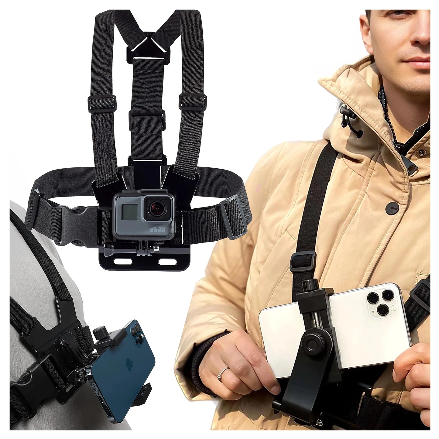 Krūtinės diržai – laikiklis GoPro, DJI Action kameroms ir telefonams