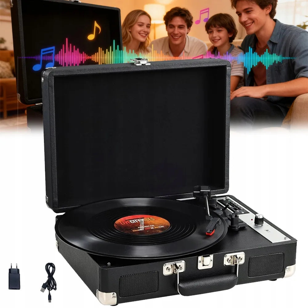 Lagamininis patefonas su stereo garsiakalbiais ir plokštelių konvertavimu, juodas