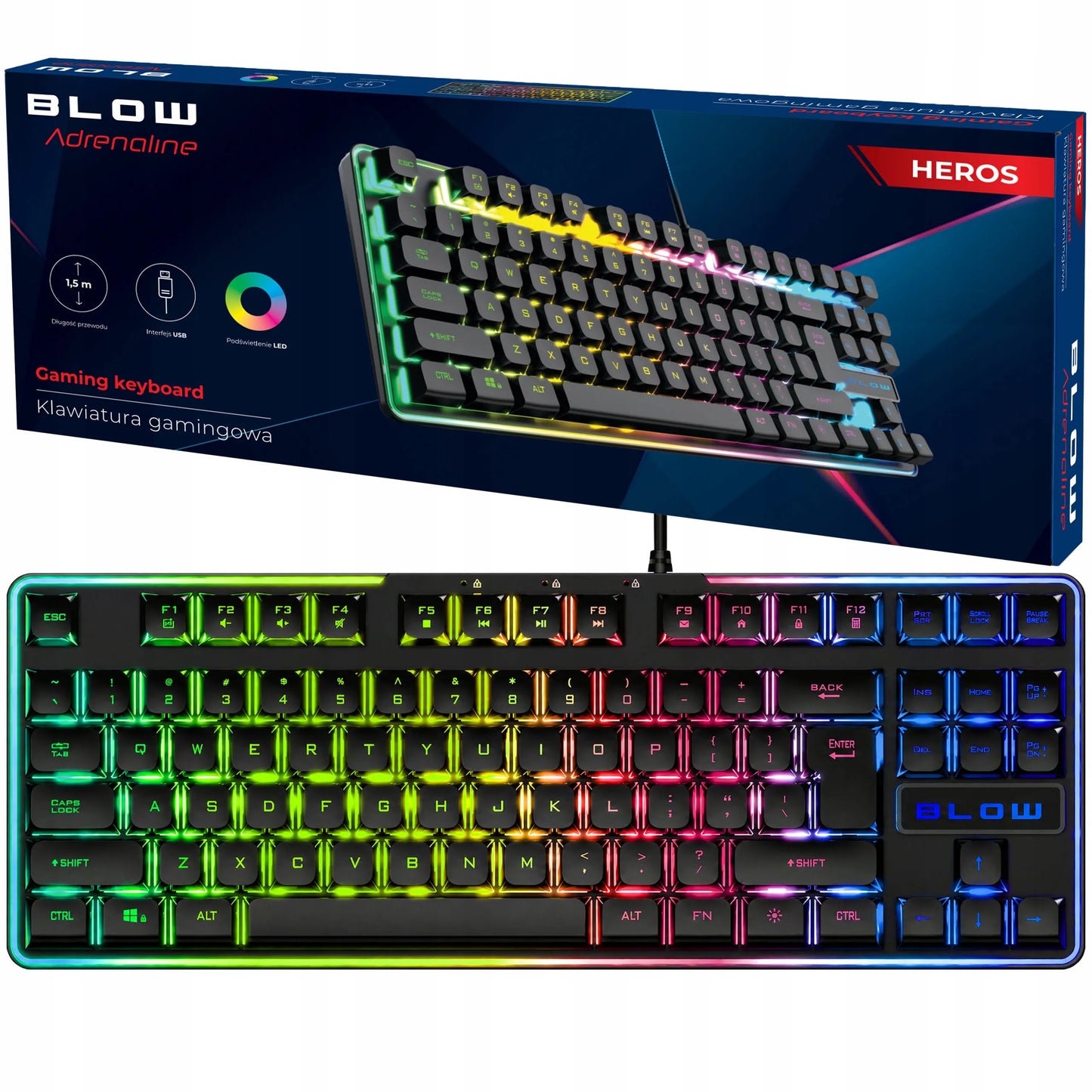 Laidinė žaidimų klaviatūra BLOW HEROS RGB LED USB QWERTY su apšvietimu