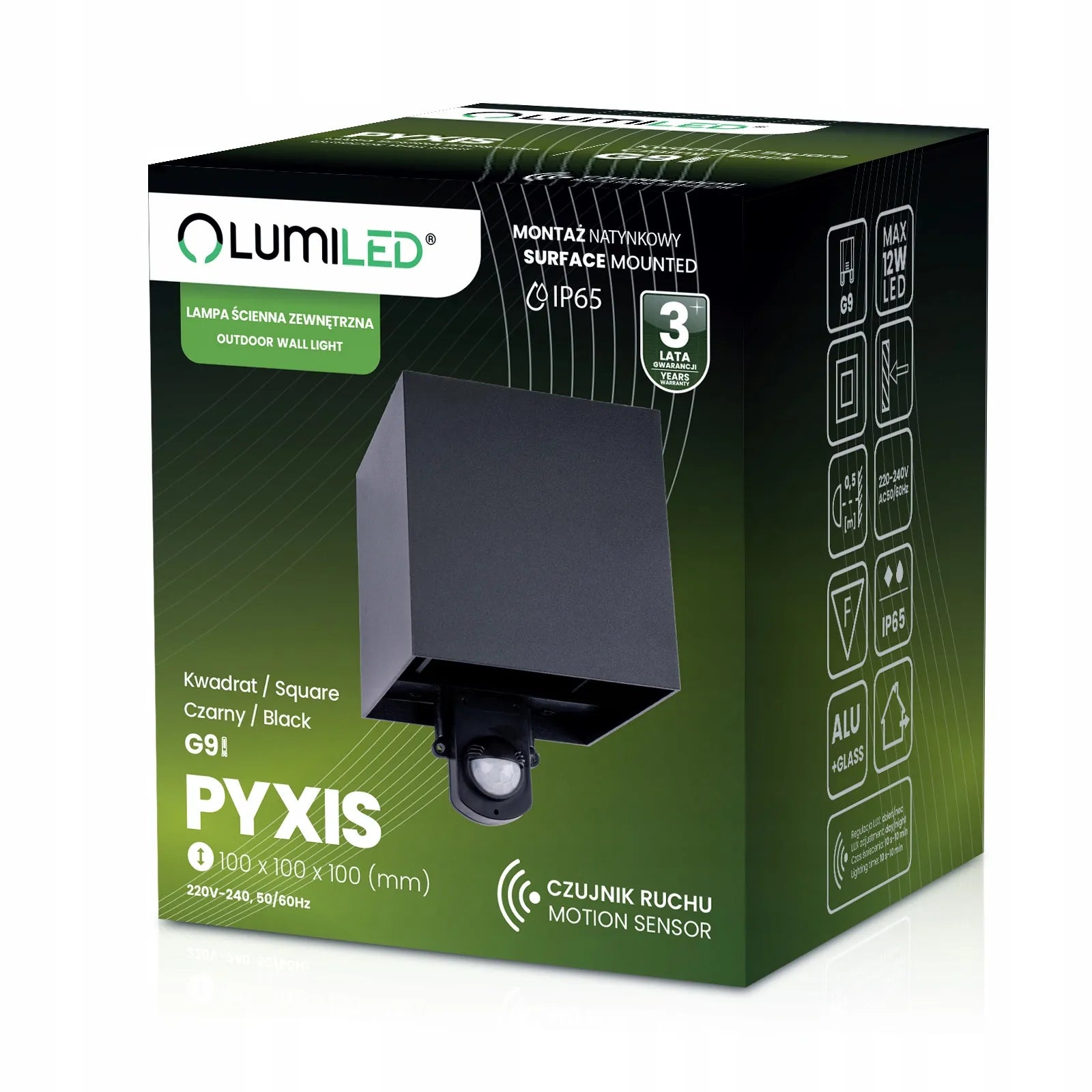 Lauko sieninis šviestuvas Lumiled Pyxis LED G9 su judesio jutikliu, juodas