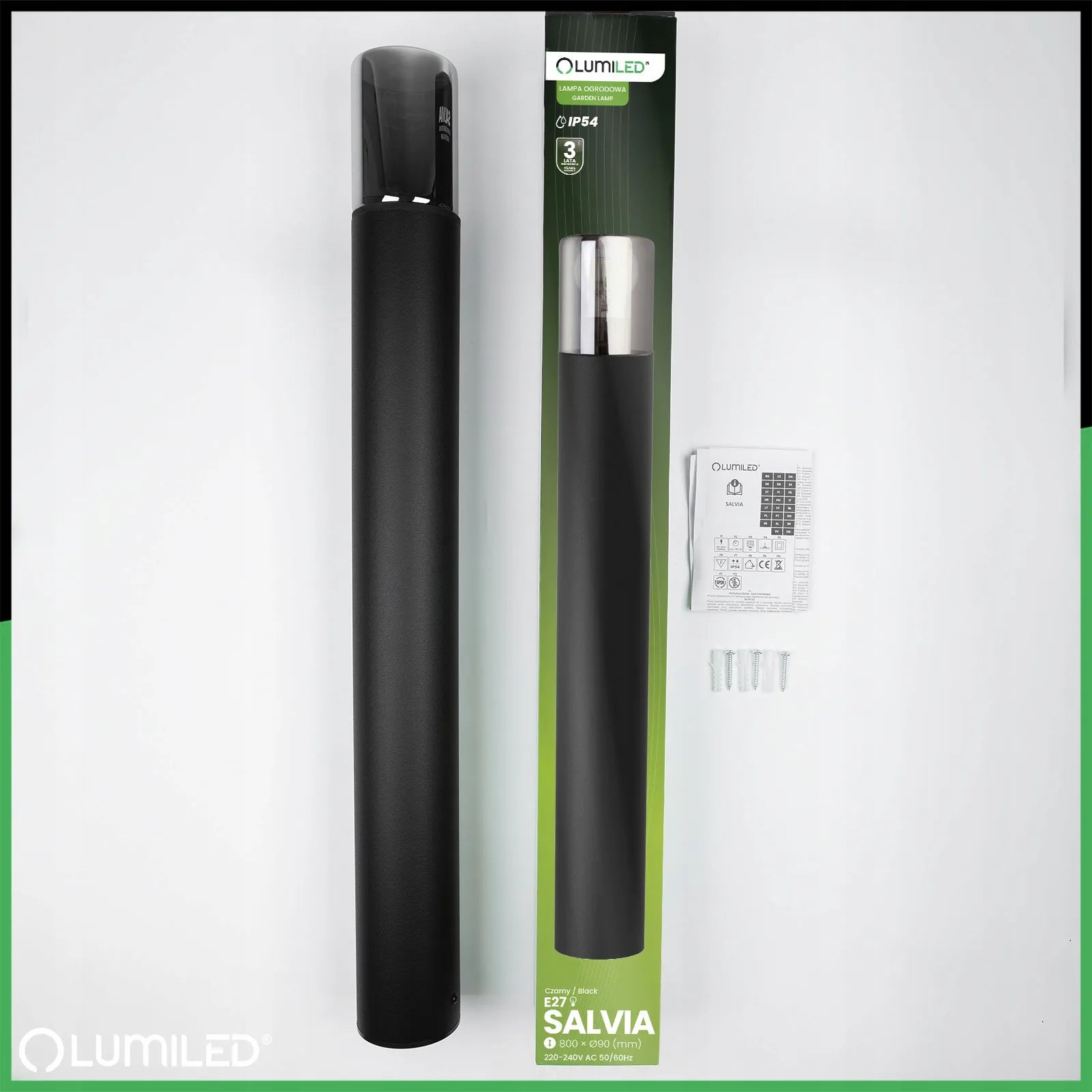 Lauko sodo šviestuvas stulpas LED E27 juodas stiklas IP54 80cm