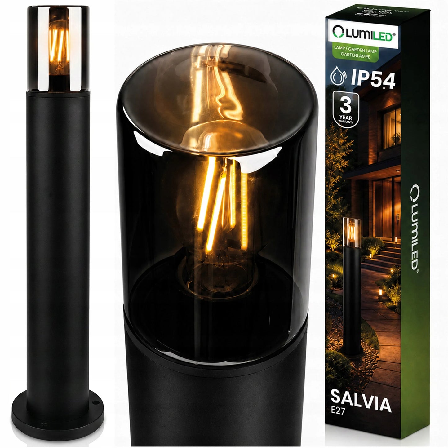 Lauko sodo šviestuvas stulpas LED E27 juodas stiklas IP54 80cm