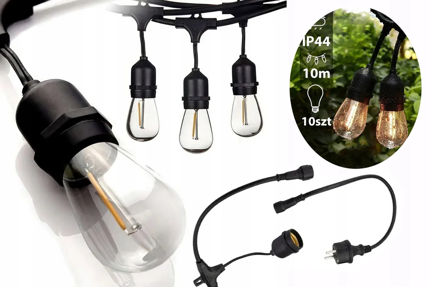 LED-ONE lauko girlianda 230V 10m E27 su 10x LED Filament lemputėmis