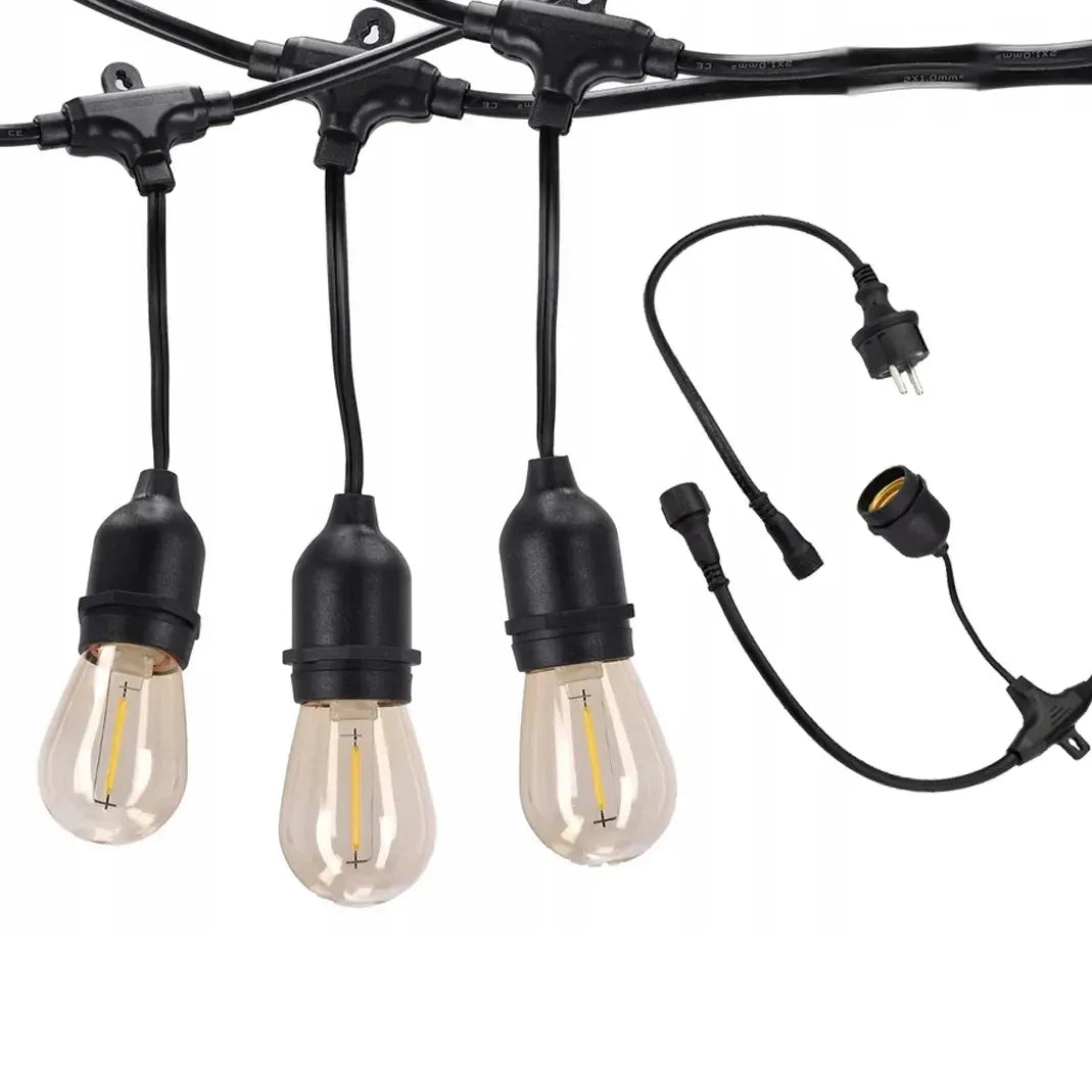 LED-ONE sodo girlianda 20m 230V + 20x LED E27 šiltai baltos lemputės