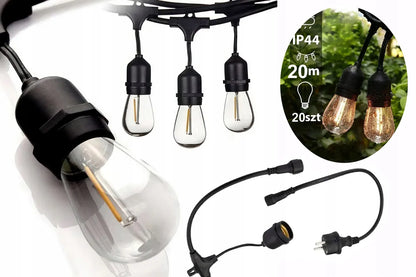 LED-ONE sodo girlianda 20m 230V + 20x LED E27 šiltai baltos lemputės