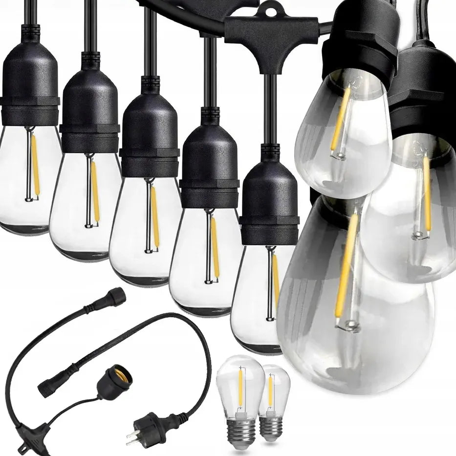 LED-ONE sodo girlianda 20m 230V + 20x LED E27 šiltai baltos lemputės