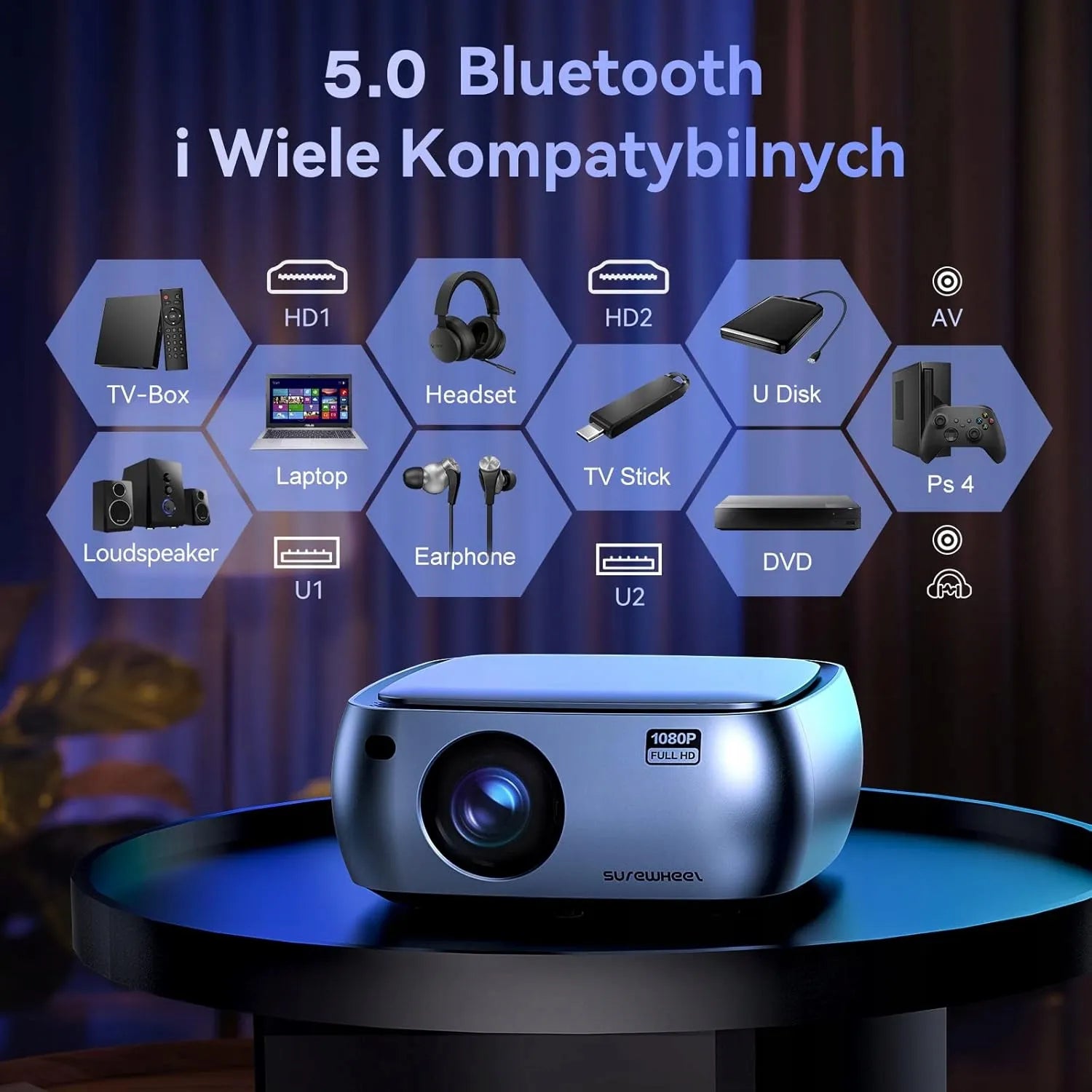 LED projektorius SUREWHEEL K10, Full HD, 4K, WiFi, 220 colių