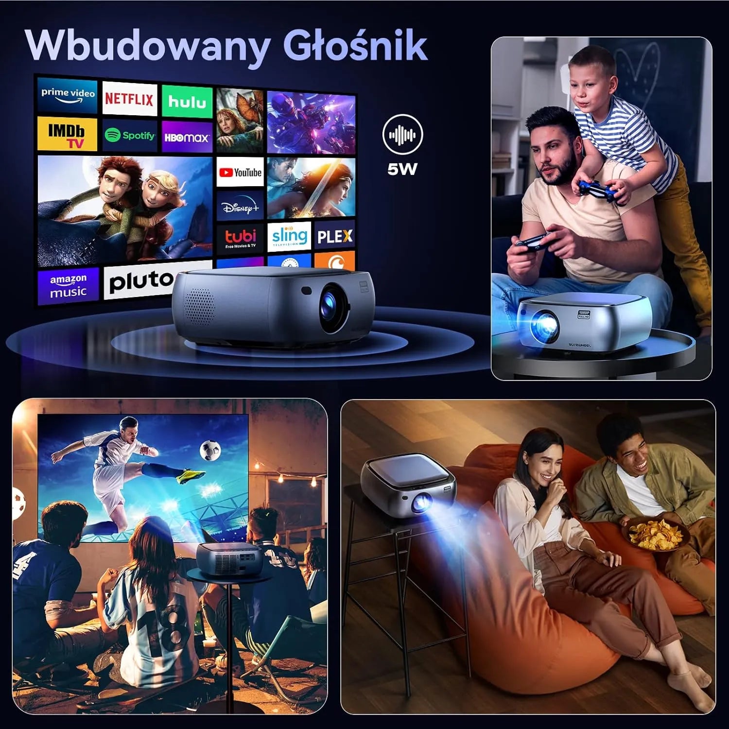 LED projektorius SUREWHEEL K10, Full HD, 4K, WiFi, 220 colių