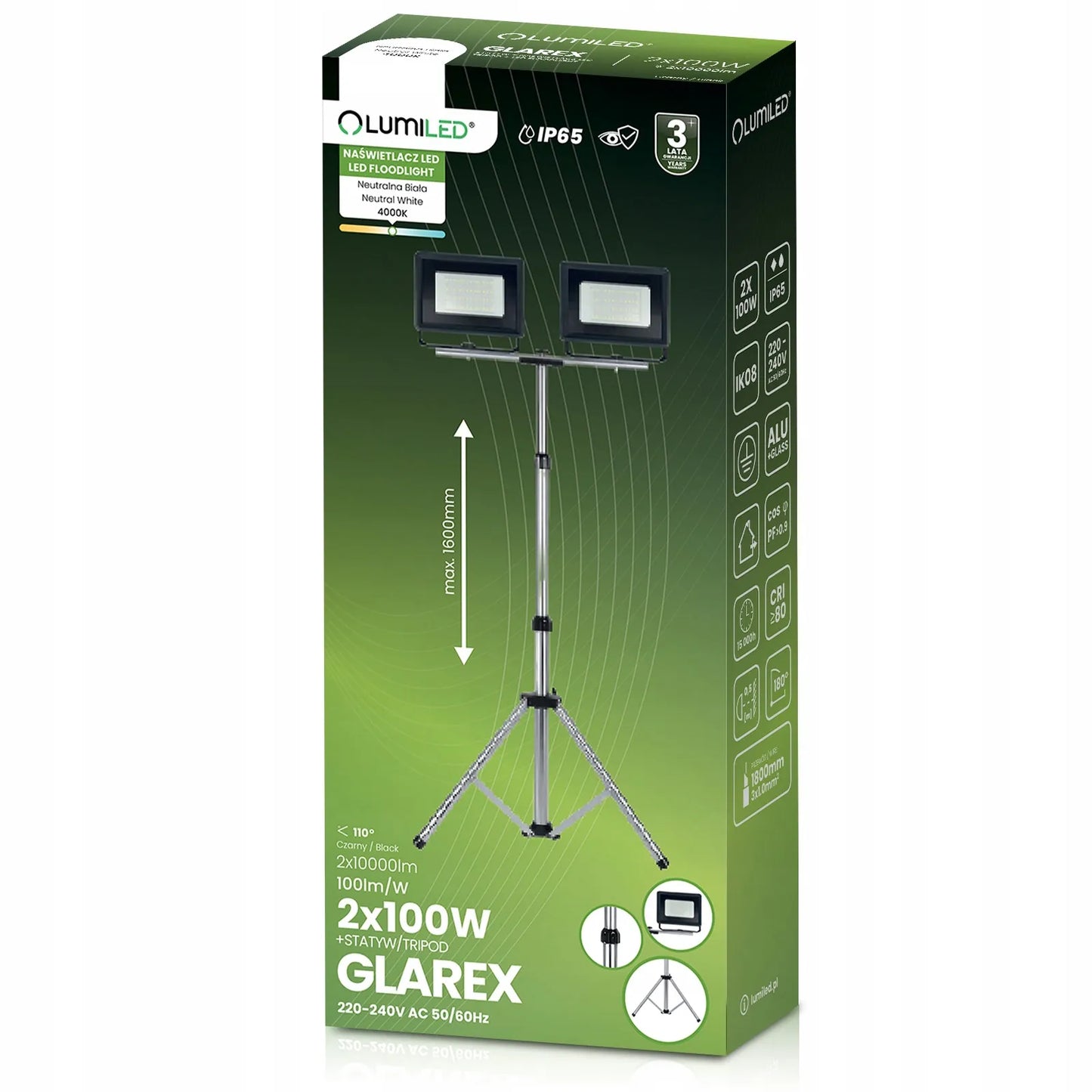 LED prožektorius ant stovo 2x 100W statybinis darbo halogenas garažui