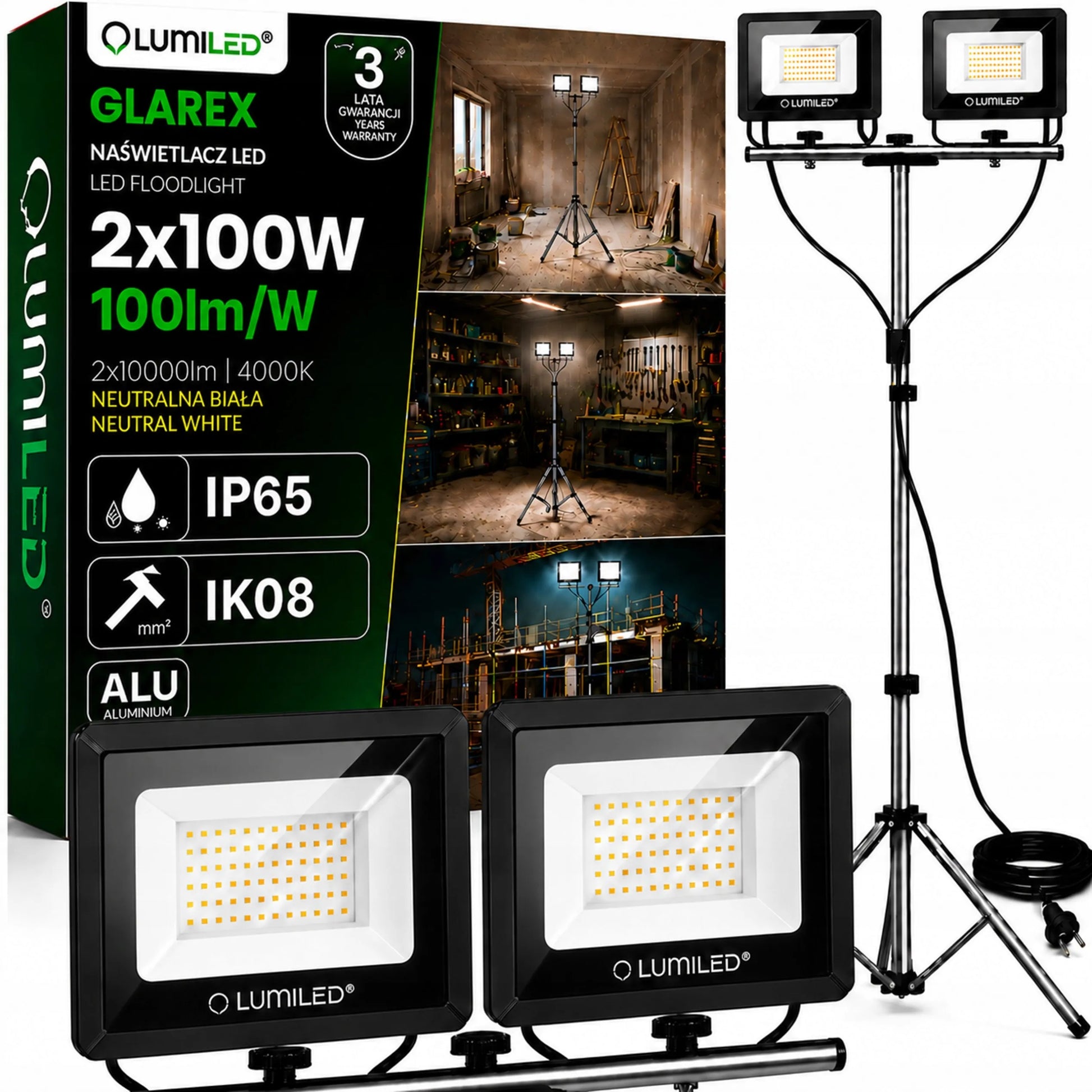 LED prožektorius ant stovo 2x 100W statybinis darbo halogenas garažui