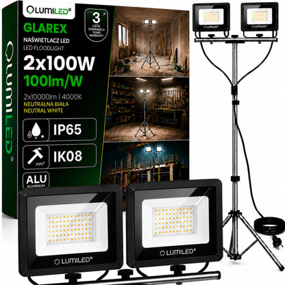 LED prožektorius ant stovo 2x 100W statybinis darbo halogenas garažui