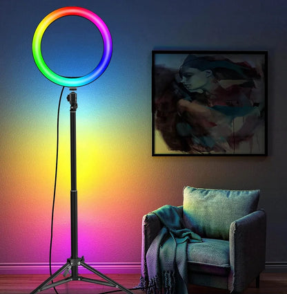 LED RGB žiedinės lempos rinkinys 32 cm makiažui ir asmenukėms + 210 cm trikojis