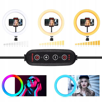 LED RGB žiedinės lempos rinkinys 32 cm makiažui ir asmenukėms + 210 cm trikojis