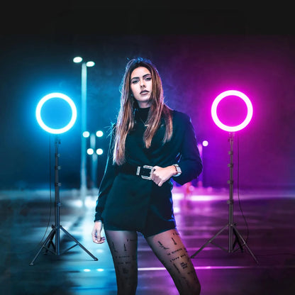 LED RGB žiedinės lempos rinkinys 32 cm makiažui ir asmenukėms + 210 cm trikojis