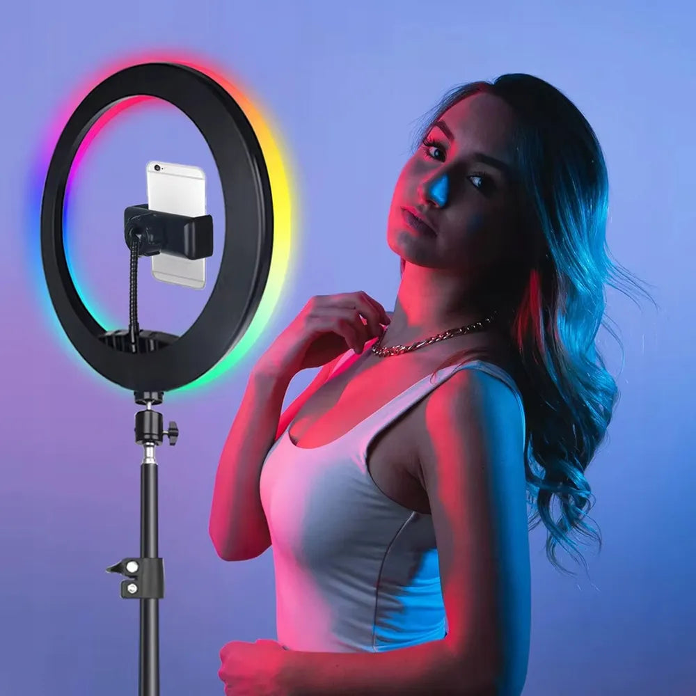 LED RGB žiedinės lempos rinkinys 32 cm makiažui ir asmenukėms + 210 cm trikojis