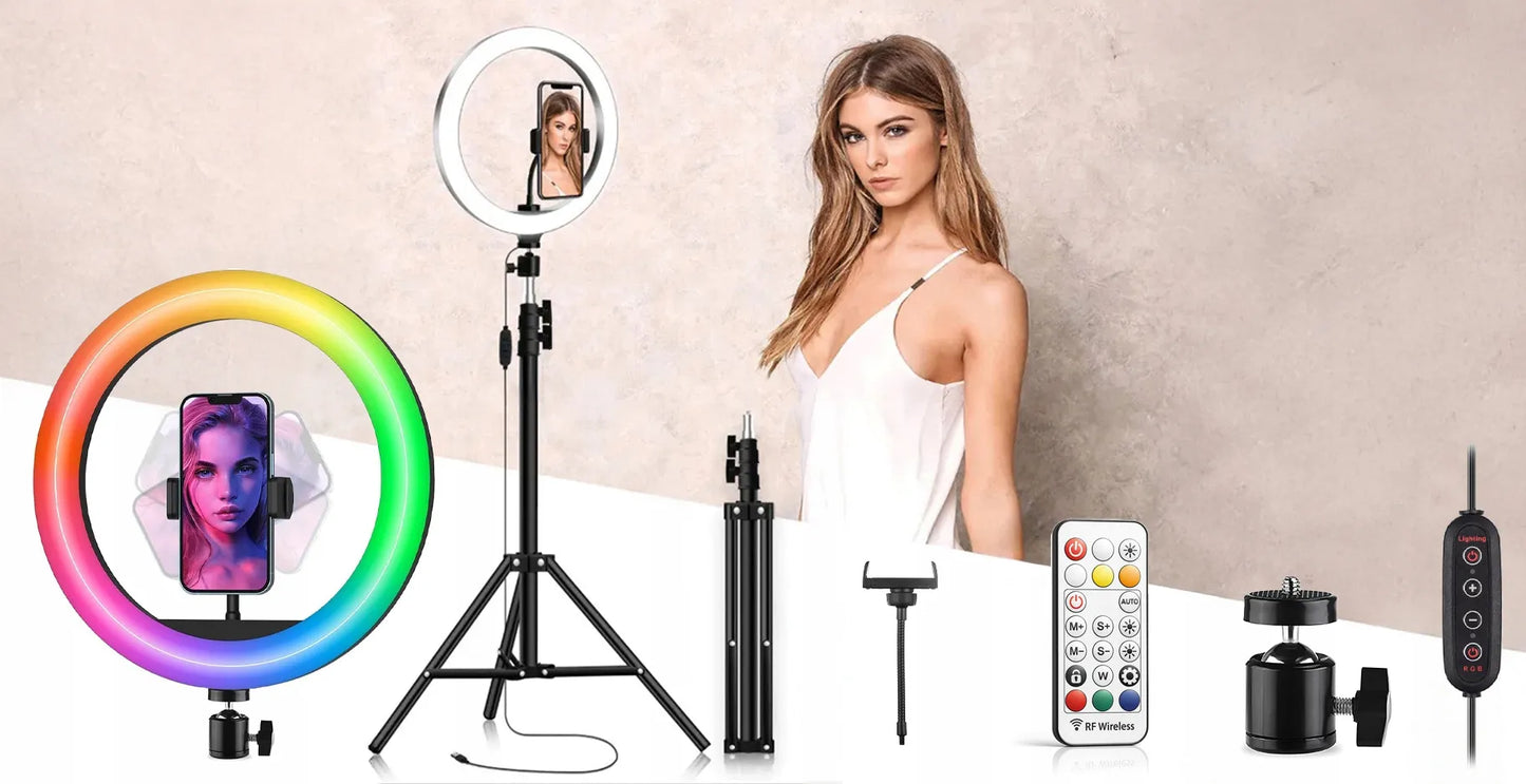 LED RGB žiedinės lempos rinkinys 32 cm makiažui ir asmenukėms + 210 cm trikojis
