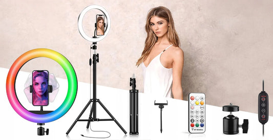 LED RGB žiedinės lempos rinkinys 32 cm makiažui ir asmenukėms + 210 cm trikojis