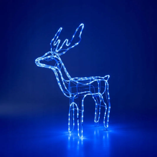 LED šviečiantis kalėdinis elnias lauko dekoracijai, XXL, 120 cm, mėlynas, su judančia galva