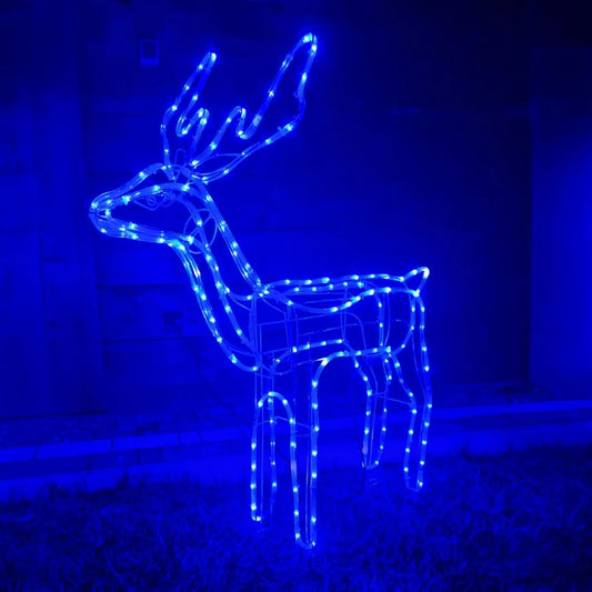 LED šviečiantis kalėdinis elnias lauko dekoracijai, XXL, 120 cm, mėlynas, su judančia galva