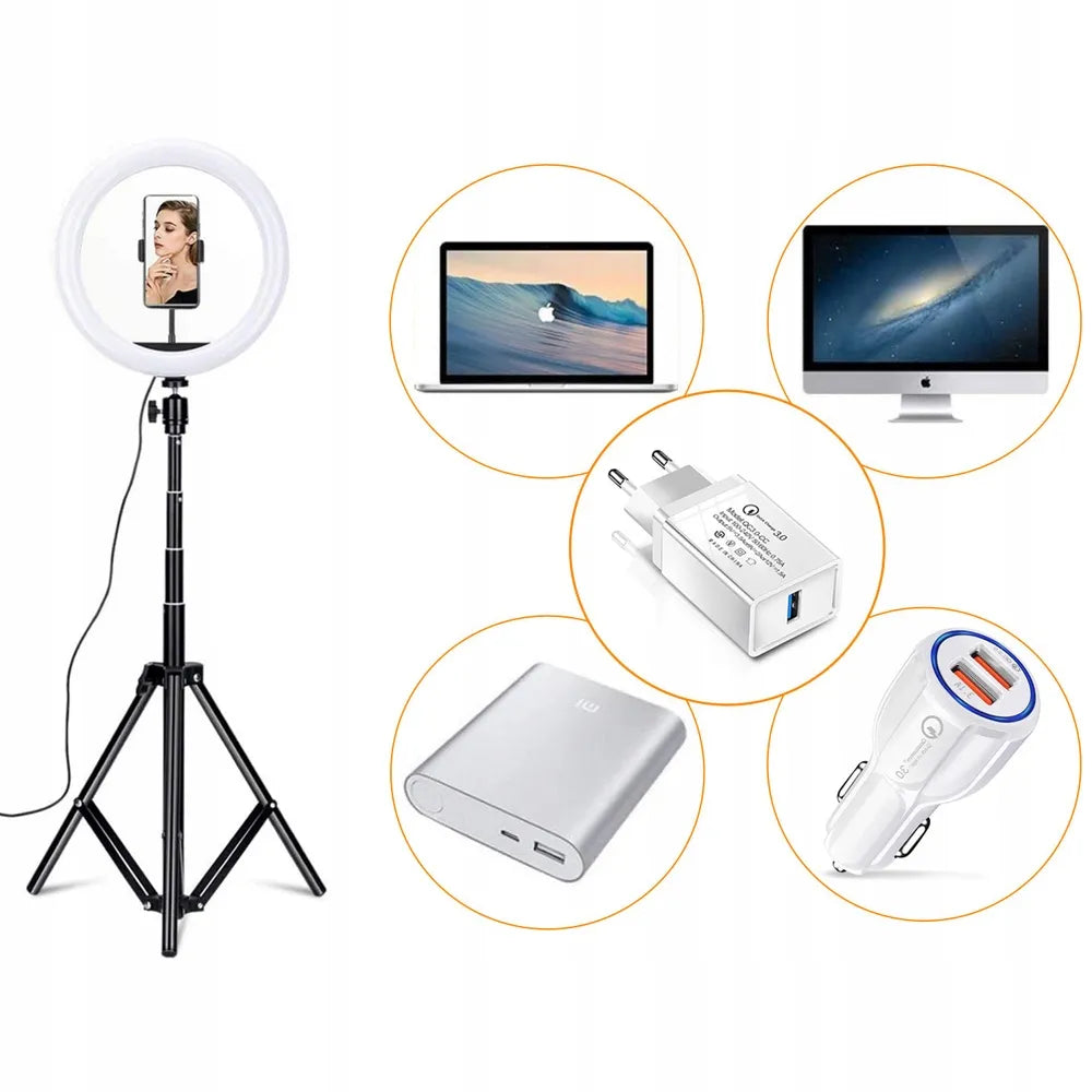 LED žiedinė lempa 32 cm makiažui ir asmenukėms + 210 cm stovas