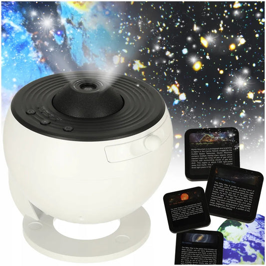 LED žvaigždžių projektorius su USB, 12 diskų, 360°, planetariumas su laikmačiu