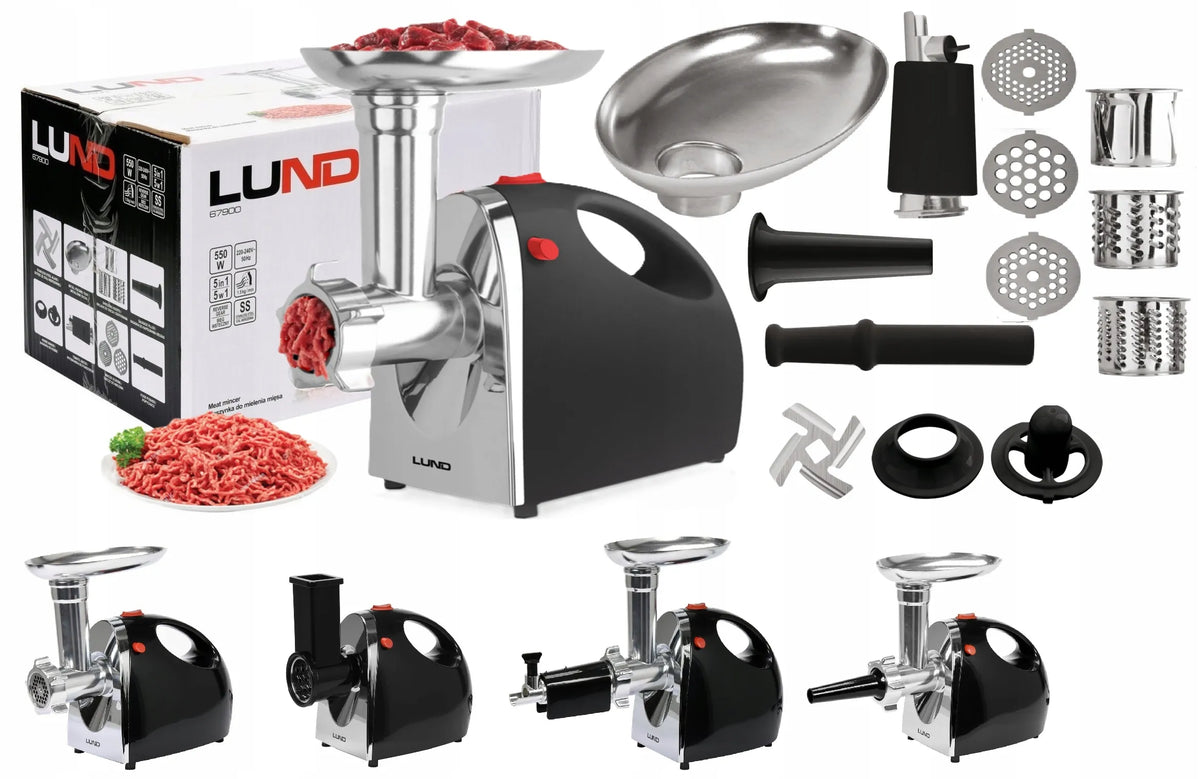 LUND 67900 daugiafunkcė mėsmalė, daržovių pjaustyklė, dešrų kimštuvas ir sulčiaspaudė, 550 W