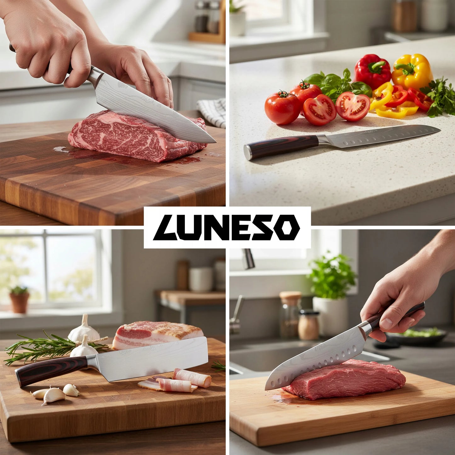 Luneso 5 dalių japoniško stiliaus virtuvinių peilių rinkinys iš anglinio plieno
