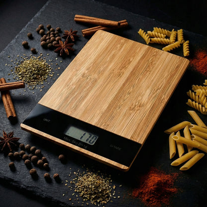Luneso tiksli bambukinė elektroninė virtuvinė svarstyklė 5kg 1g