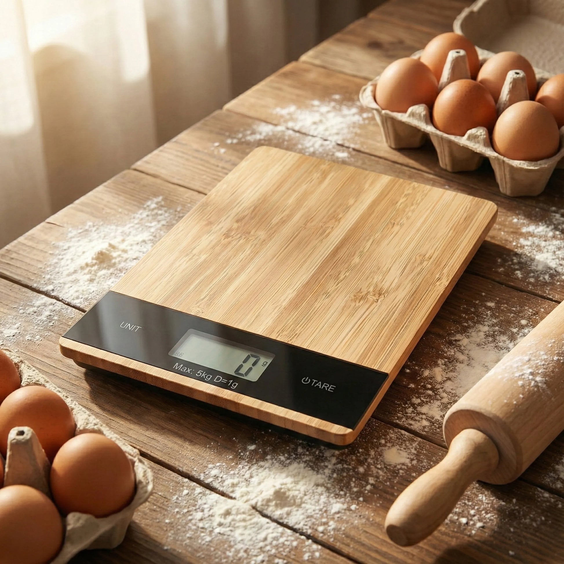 Luneso tiksli bambukinė elektroninė virtuvinė svarstyklė 5kg 1g