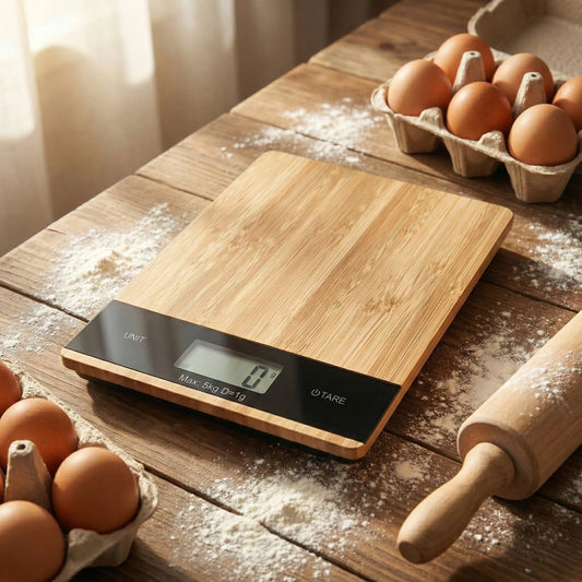 Luneso tiksli bambukinė elektroninė virtuvinė svarstyklė 5kg 1g