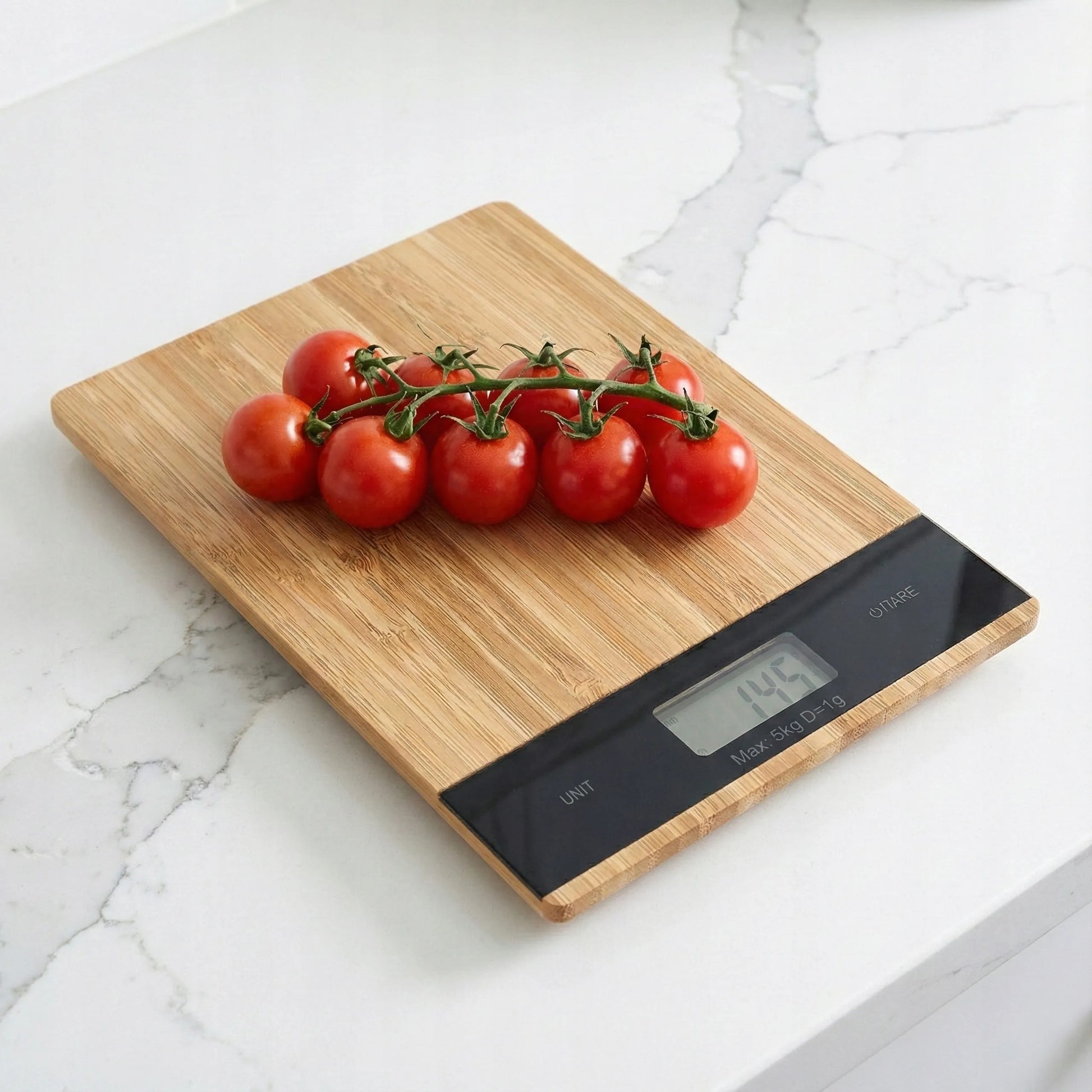 Luneso tiksli bambukinė elektroninė virtuvinė svarstyklė 5kg 1g