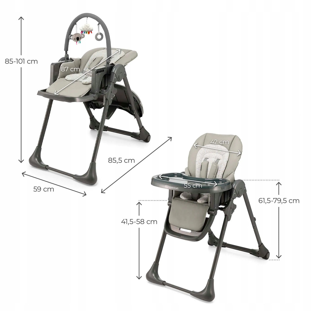 Maitinimo kėdutė 2 viename Kinderkraft TUMMIE 0–14 kg, gultukas, pilka