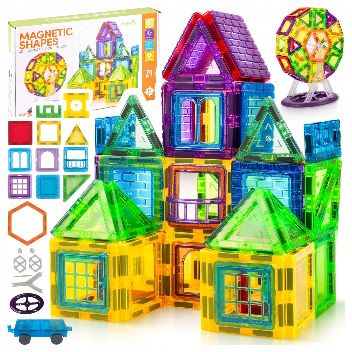 MalPlay 3D magnetinis konstruktorius, 70 dalių, edukacinis rinkinys