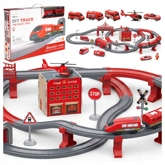 „MalPlay“ elektrinis traukinukas „Gaisrinė“, 92 dalių rinkinys su bėgiais, tiltu, tuneliu ir automobiliais