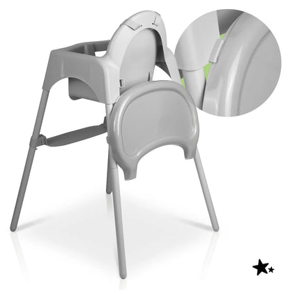 MalPlay KERI grey 2 viename maitinimo krėslas su reguliuojama kojų atrama, padėklu ir saugos diržais, iki 30 kg
