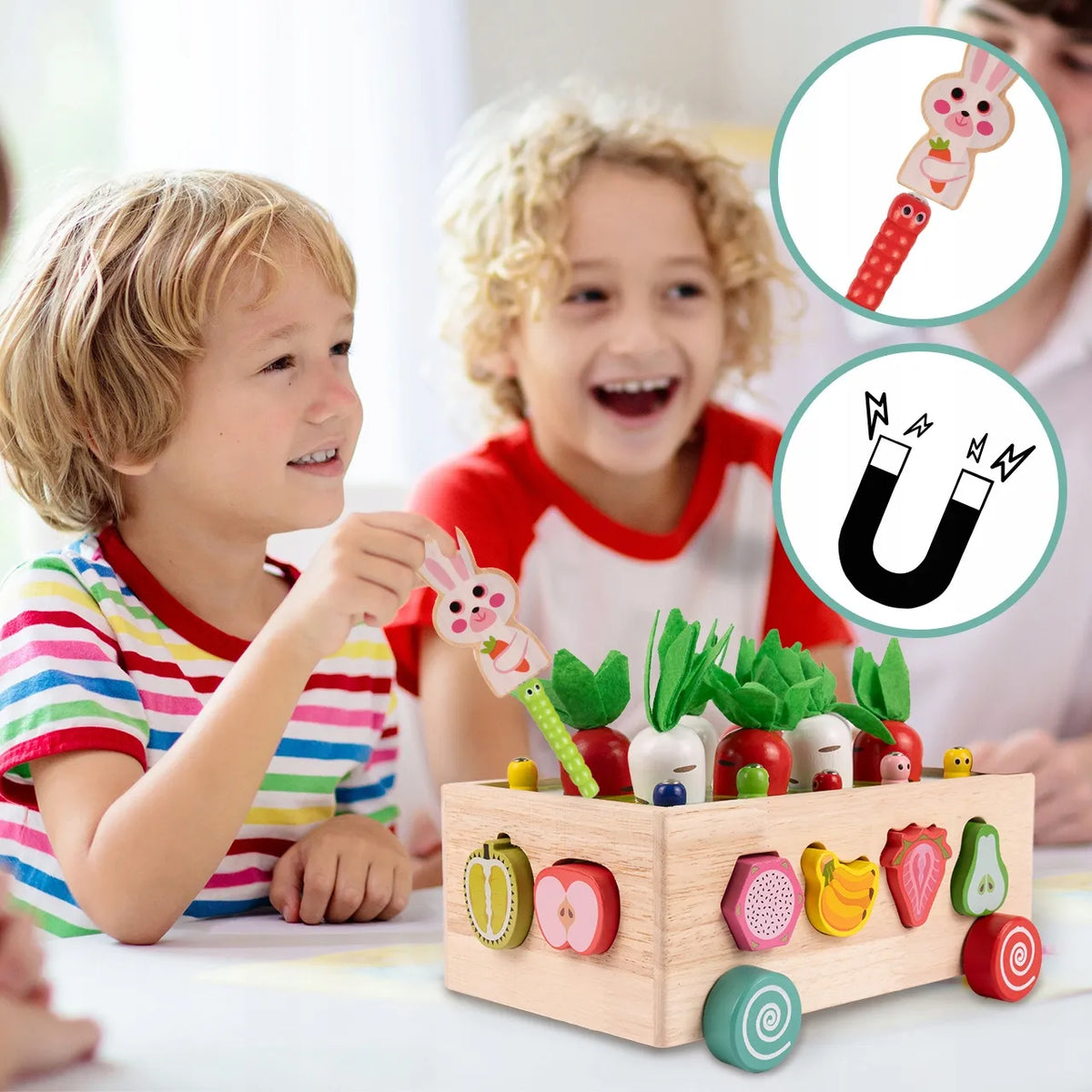 MalPlay Montessori medinis rūšiuoklis – vežimėlis su morkomis ir magnetiniu triušiu