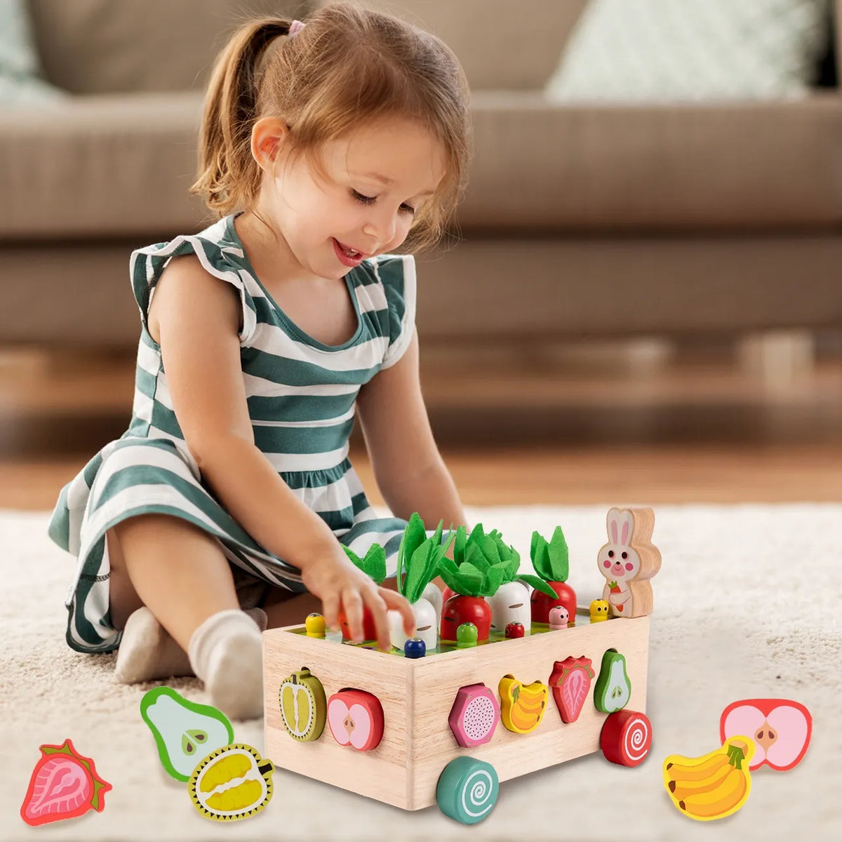 MalPlay Montessori medinis rūšiuoklis – vežimėlis su morkomis ir magnetiniu triušiu