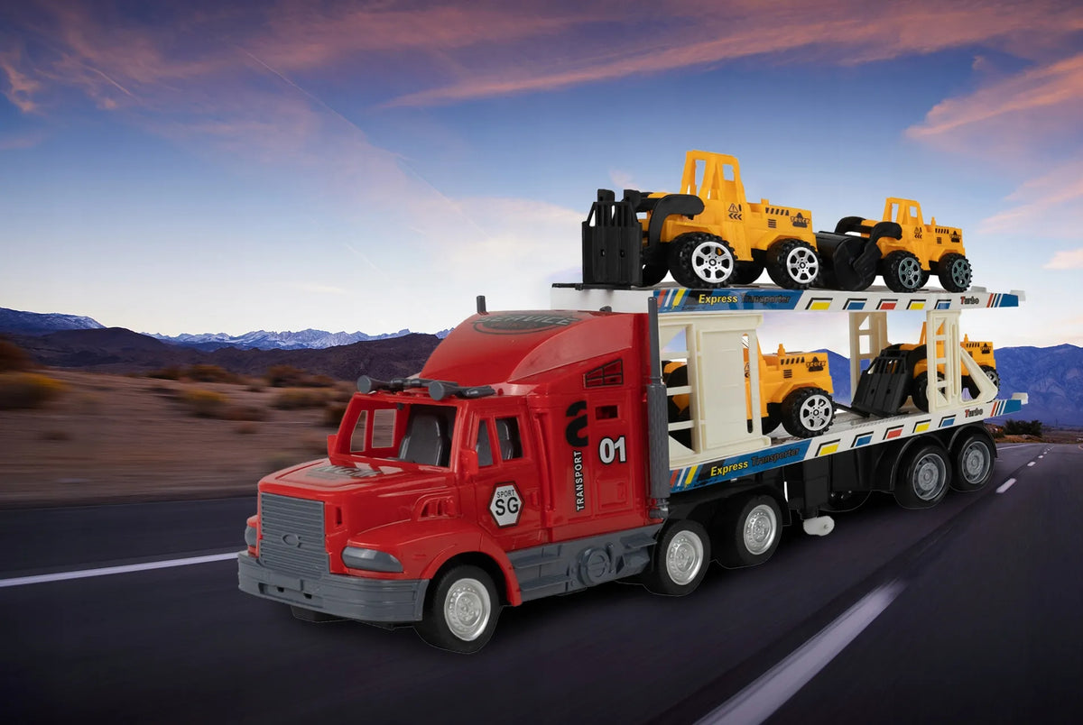 MalPlay nuotoliniu būdu valdomas sunkvežimis-autovežis su 4 statybinėmis transporto priemonėmis