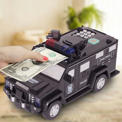 MalPlay policijos automobilio formos taupyklė-seifas su kodu, banknotams ir monetoms