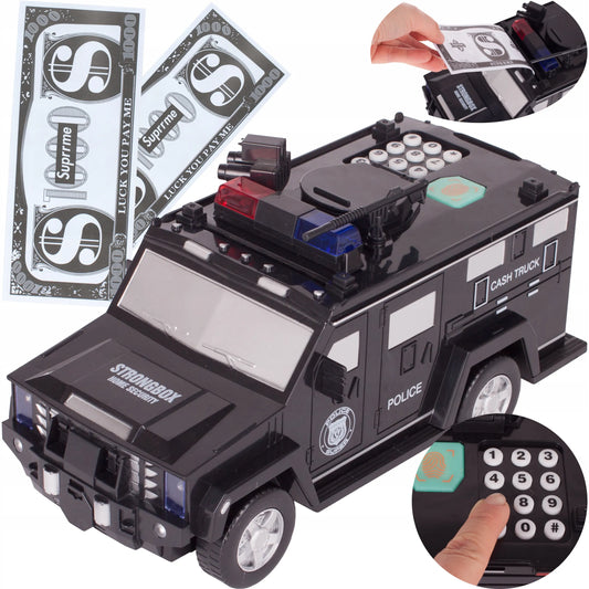 MalPlay policijos automobilio formos taupyklė-seifas su kodu, banknotams ir monetoms