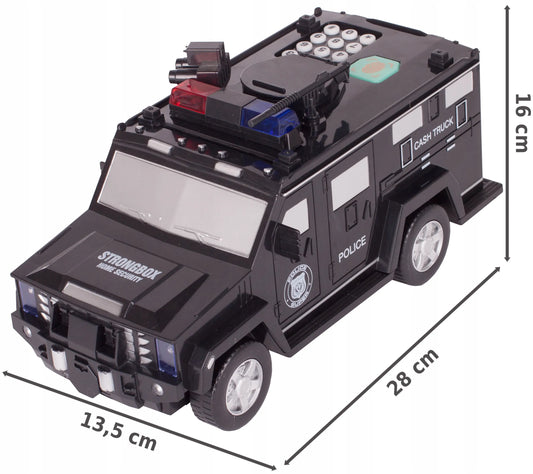MalPlay policijos automobilio formos taupyklė-seifas su kodu, banknotams ir monetoms