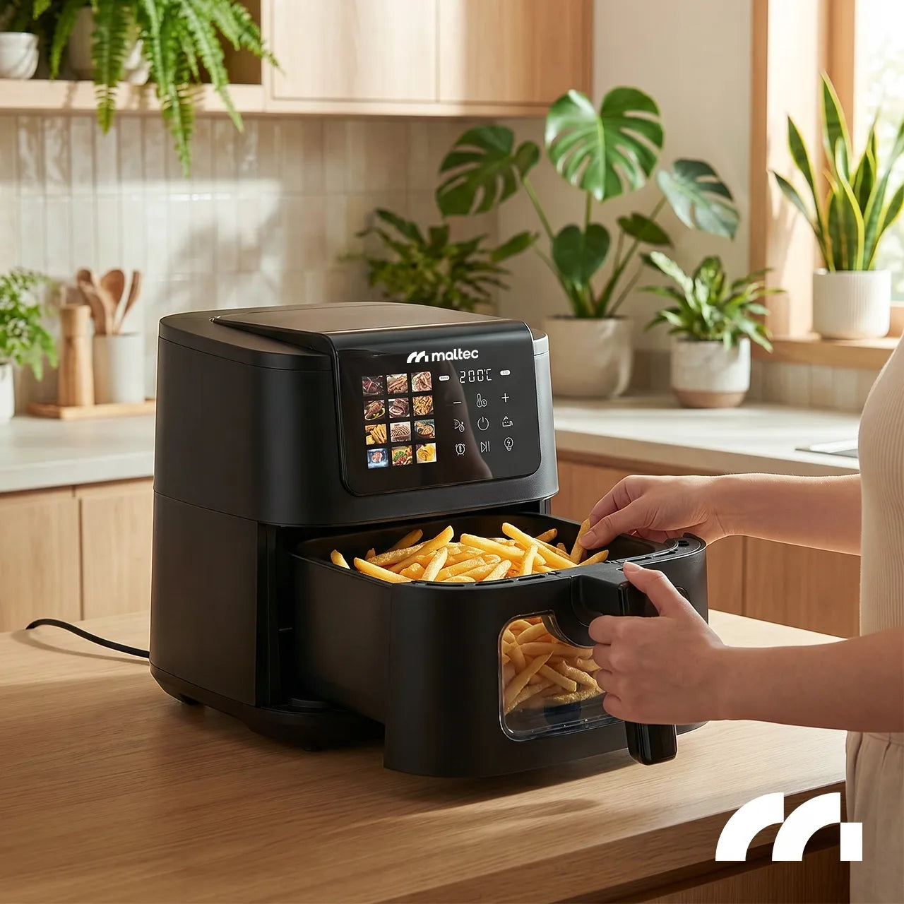 Maltec bekontaktė gruzdintuvė AirFryer 8L 2000W su langeliu ir kepimo indeliais