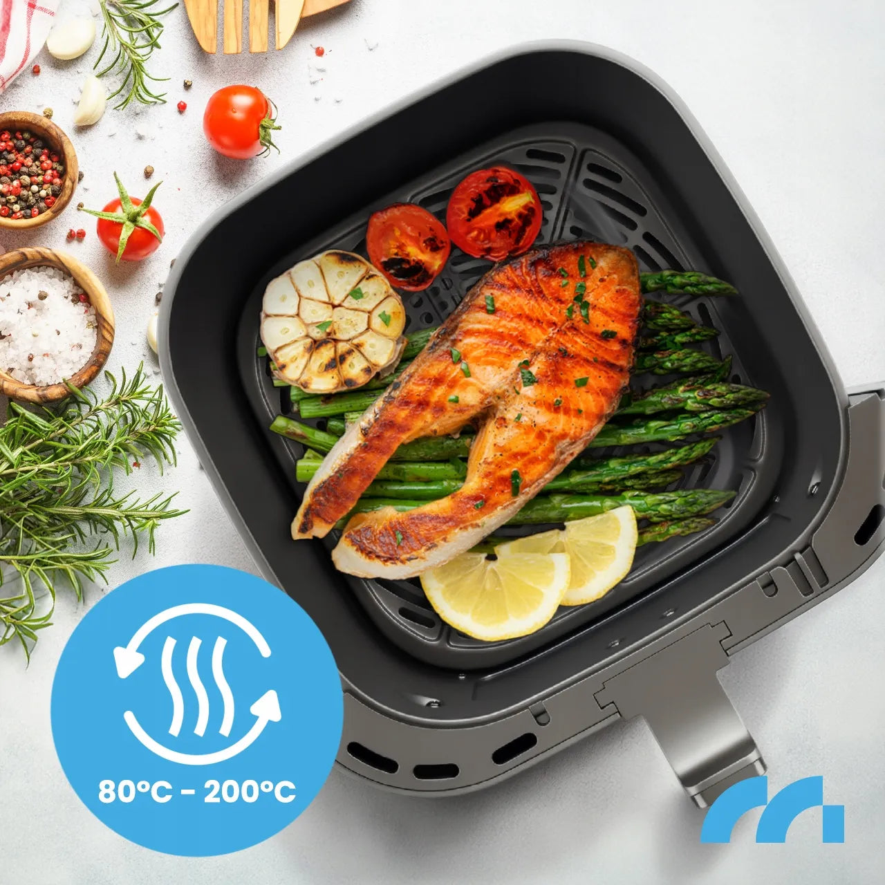 Maltec bekontaktė gruzdintuvė AirFryer 8L 2000W su langeliu ir kepimo indeliais