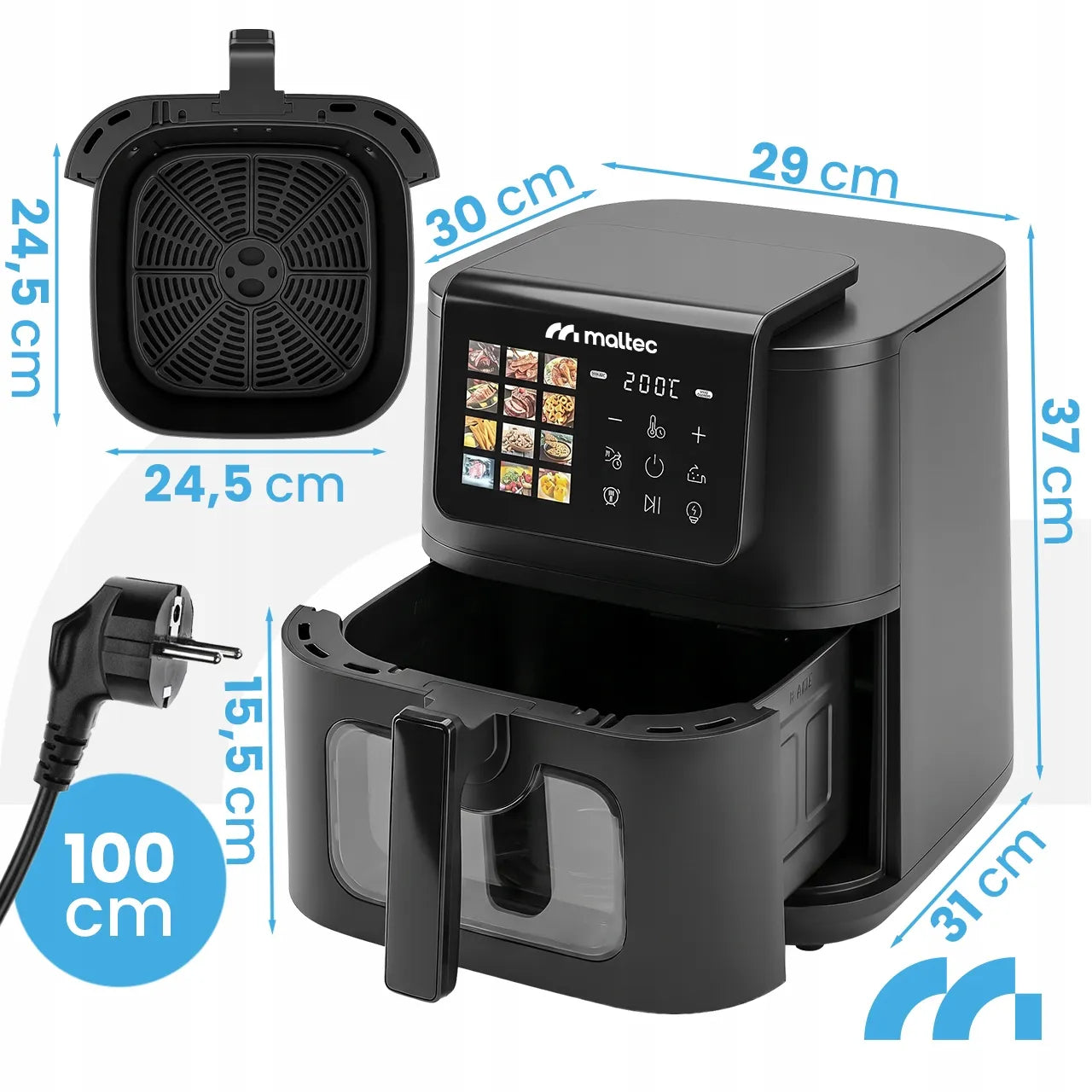 Maltec bekontaktė gruzdintuvė AirFryer 8L 2000W su langeliu ir kepimo indeliais