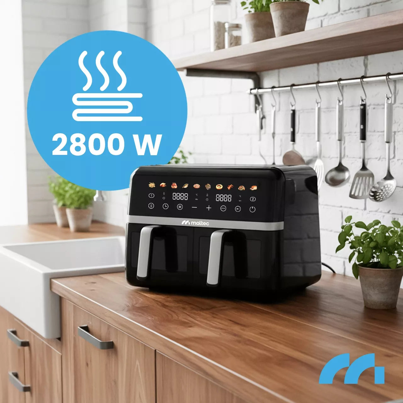 MalTec beztiebė gruzdintuvė 10L Air Fryer, dviejų zonų, 2800W + padėklai