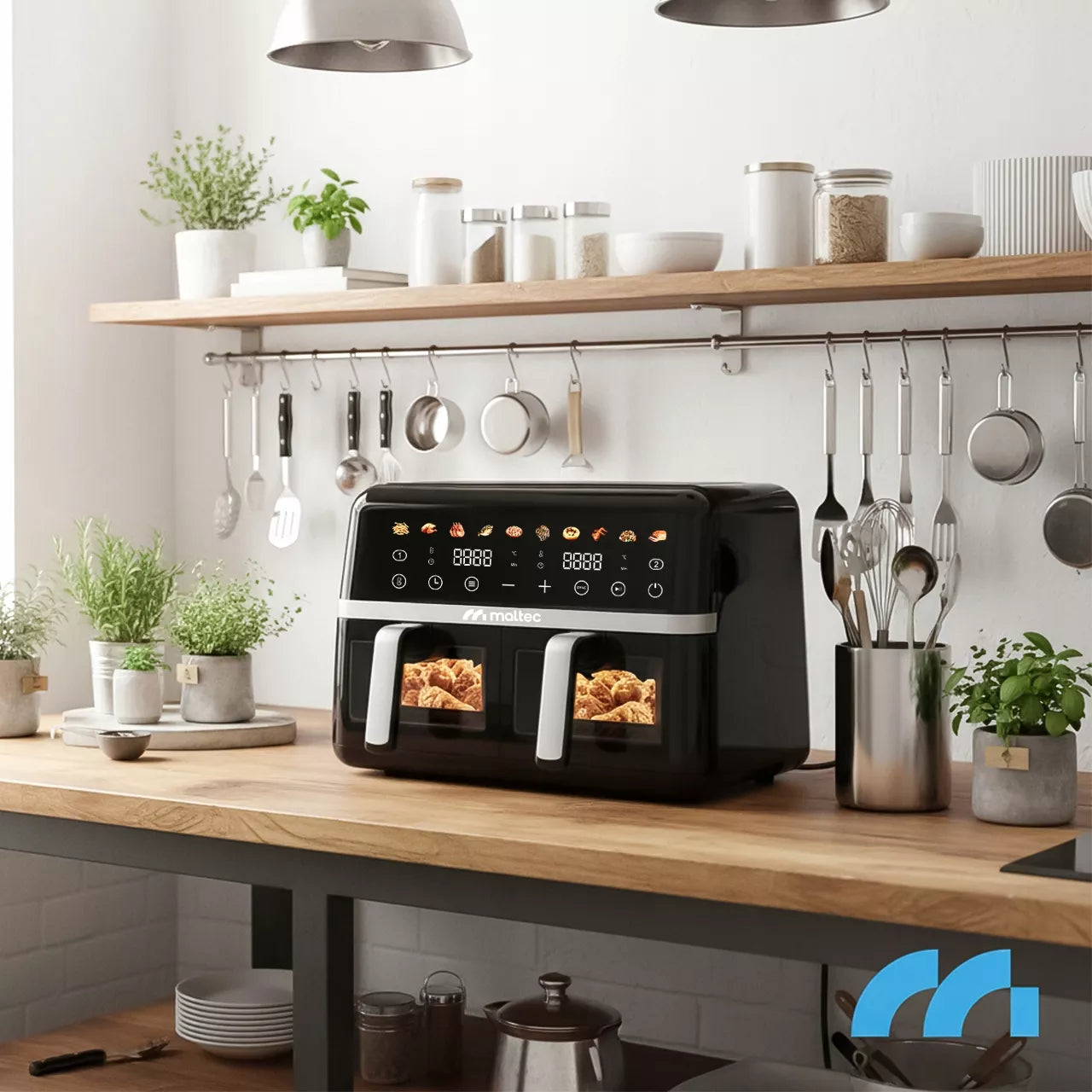 MalTec beztiebė gruzdintuvė 10L Air Fryer, dviejų zonų, 2800W + padėklai