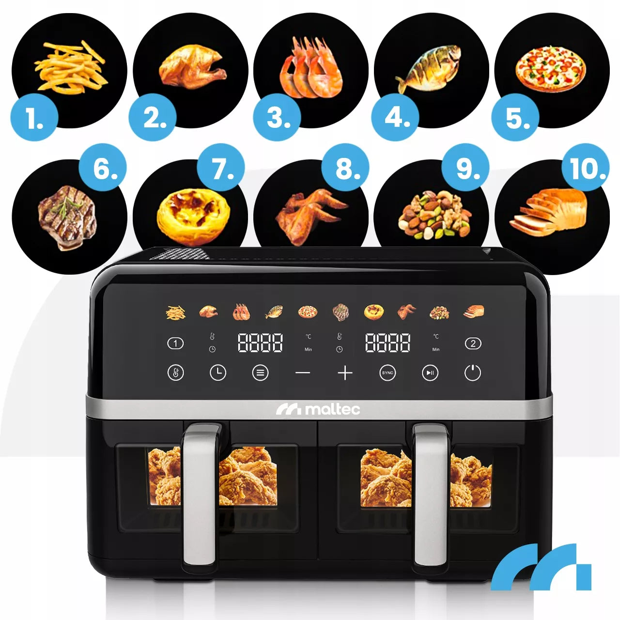MalTec beztiebė gruzdintuvė 10L Air Fryer, dviejų zonų, 2800W + padėklai